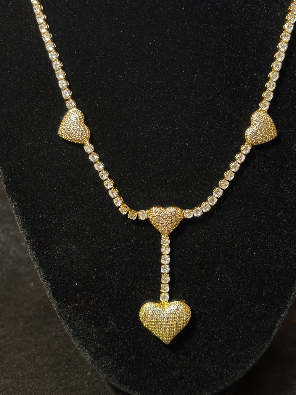 3.2mm Yellow Gold Pave’ Heart CZ Tennis Necklace 18in.